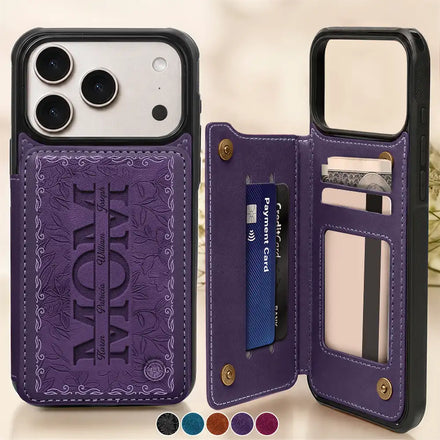 Embossed Flower Leather Mom We Love You - Personalized Leather Flip Wallet Phone Case