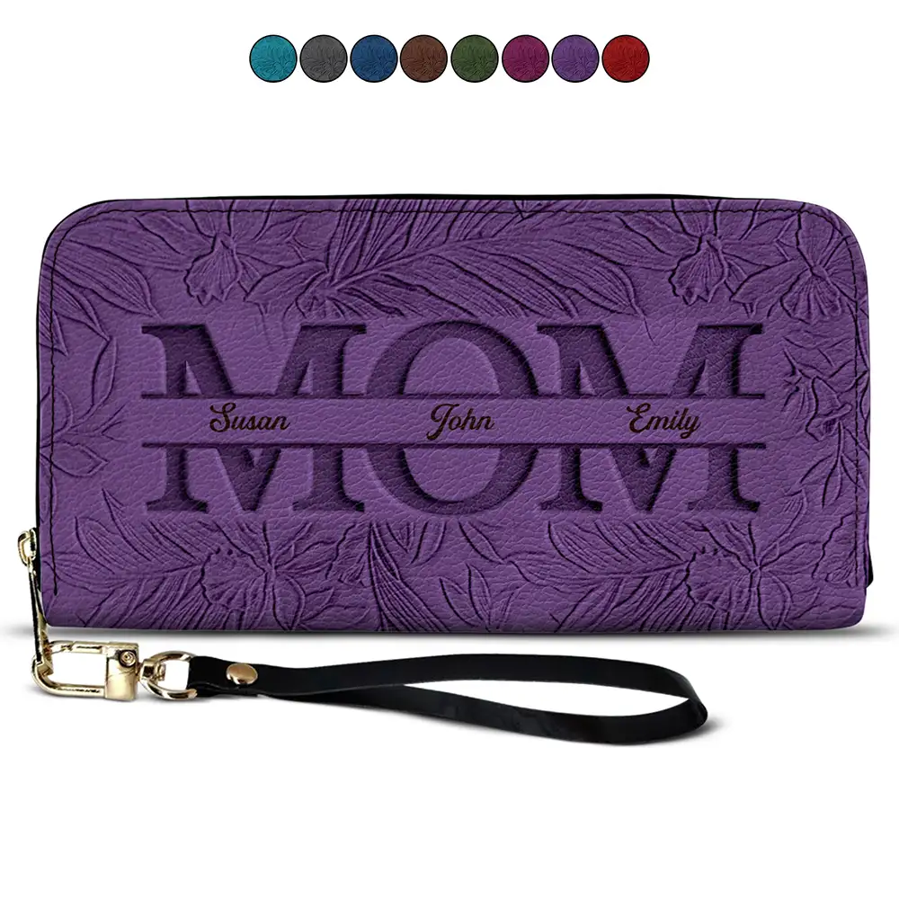 Embossed Flower Leather Mom We Love You - Personalized Leather Long Wallet