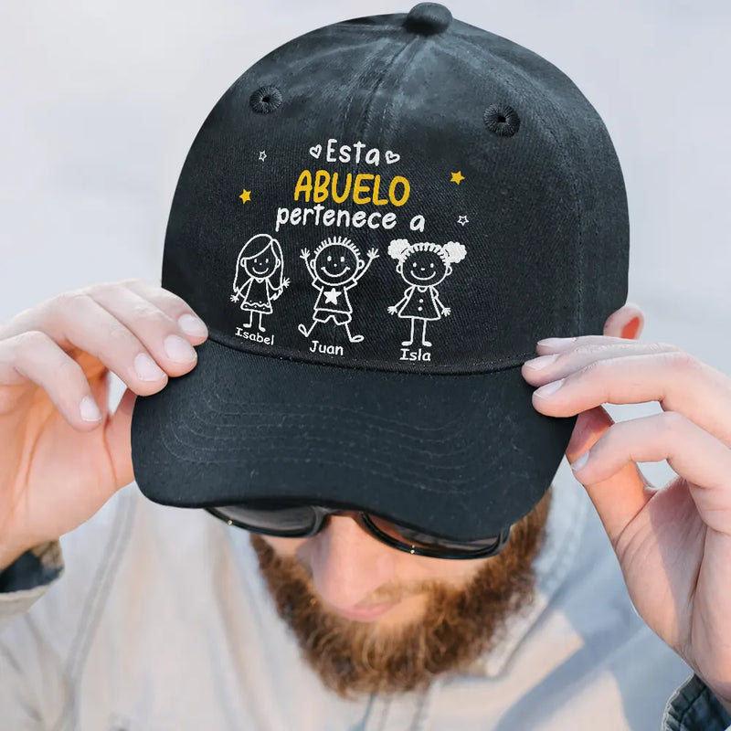 Gift For Yourself,Gift For Men,Gift For Grandpa,Gift For Father,Dog Dad,Cat Dad,Pet Dad,Gift For Mother,Gift For Grandma,Happy,Spanish,Stick Figure - Este Abuelo Papá Pertenece A - Gorra De Denim Lavado Vintage Personalizada