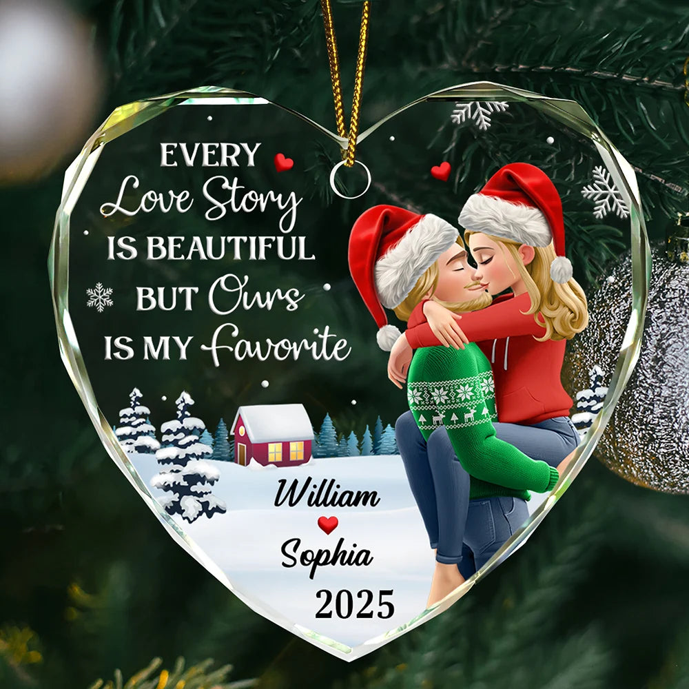 Love,Gift For Couples,Gift For Husband,Gift For Wife,Gift For Boyfriend,Gift For Girlfriend,Christmas - Every Love Story Is Beautiful But Ours Is My Favorite - Personalized Heart Shaped Glass Ornament