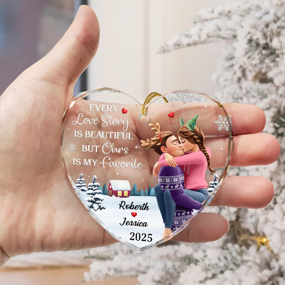 Love,Gift For Couples,Gift For Husband,Gift For Wife,Gift For Boyfriend,Gift For Girlfriend,Christmas - Every Love Story Is Beautiful But Ours Is My Favorite - Personalized Heart Shaped Glass Ornament