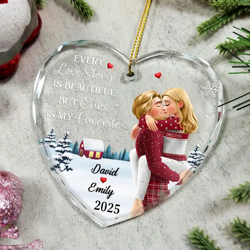 Love,Gift For Couples,Gift For Husband,Gift For Wife,Gift For Boyfriend,Gift For Girlfriend,Christmas - Every Love Story Is Beautiful But Ours Is My Favorite - Personalized Heart Shaped Glass Ornament