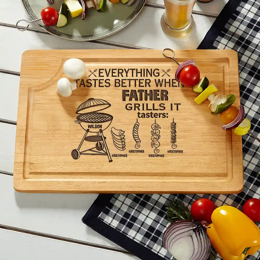 Grilling,Gift For Father,Happy - Everything Tastes Better When Daddy Grills It - Personalized Wooden Cutting Board