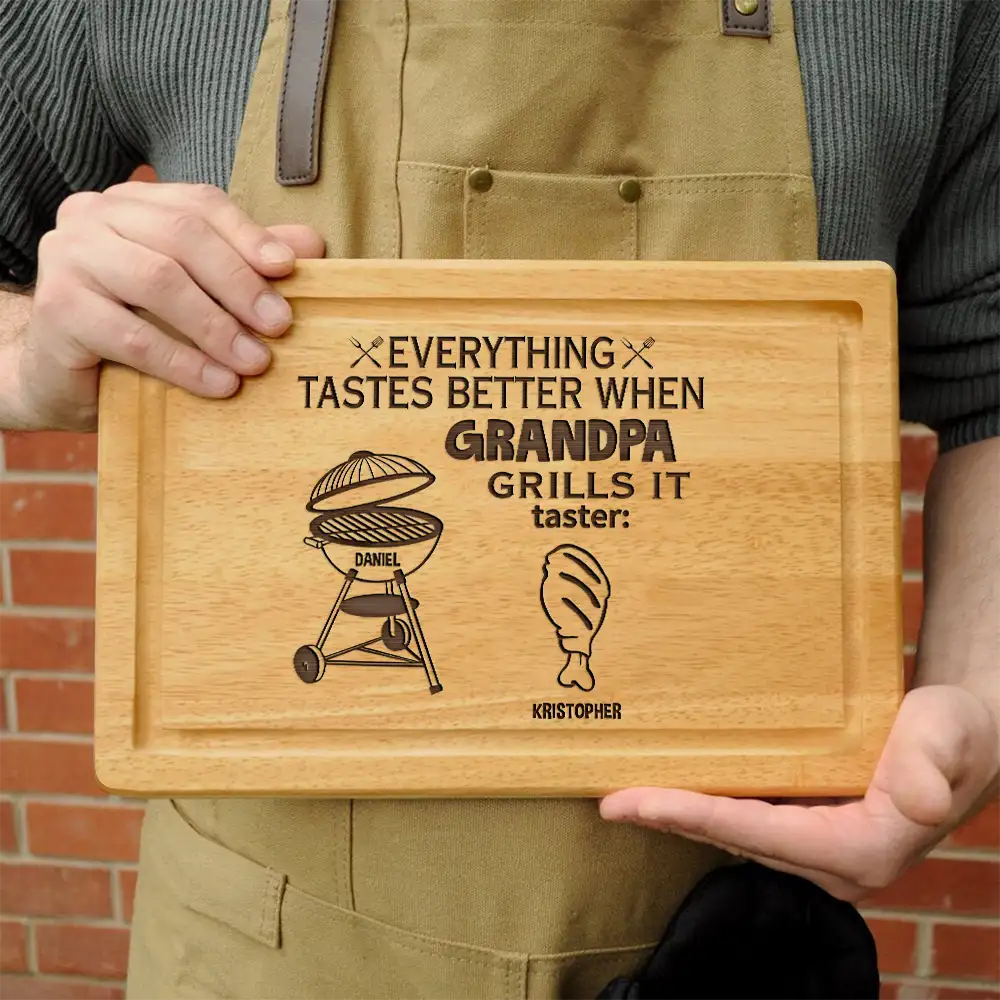 Grilling,Gift For Father,Happy - Everything Tastes Better When Daddy Grills It - Personalized Wooden Cutting Board