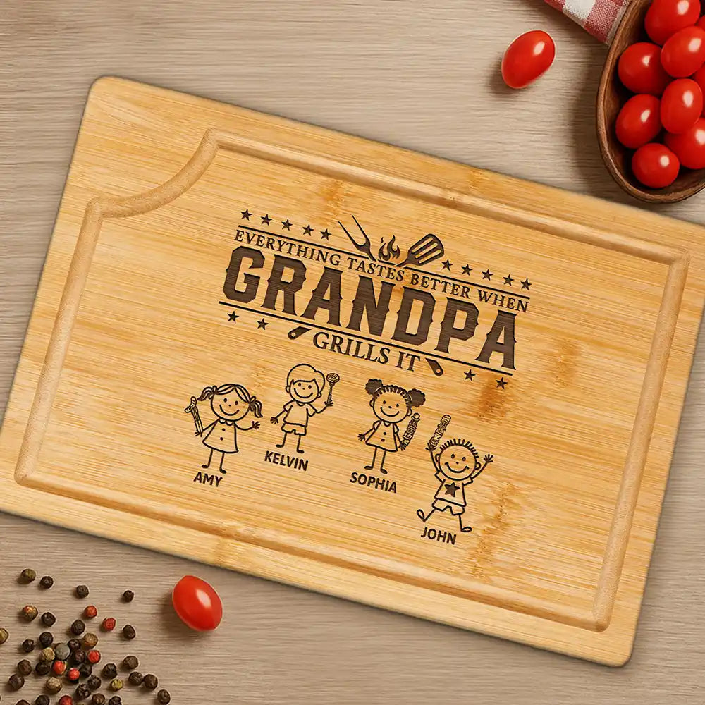 Everything Tastes Better When Grandpa Daddy Grills It - Personalized Wooden Cutting Board