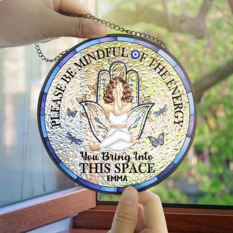 Gift For Yourself, Gift For Women, Yoga, Happy - Evil Eye Be Mindful Of The Energy - Personalized Stained Glass Window Hanging Suncatcher