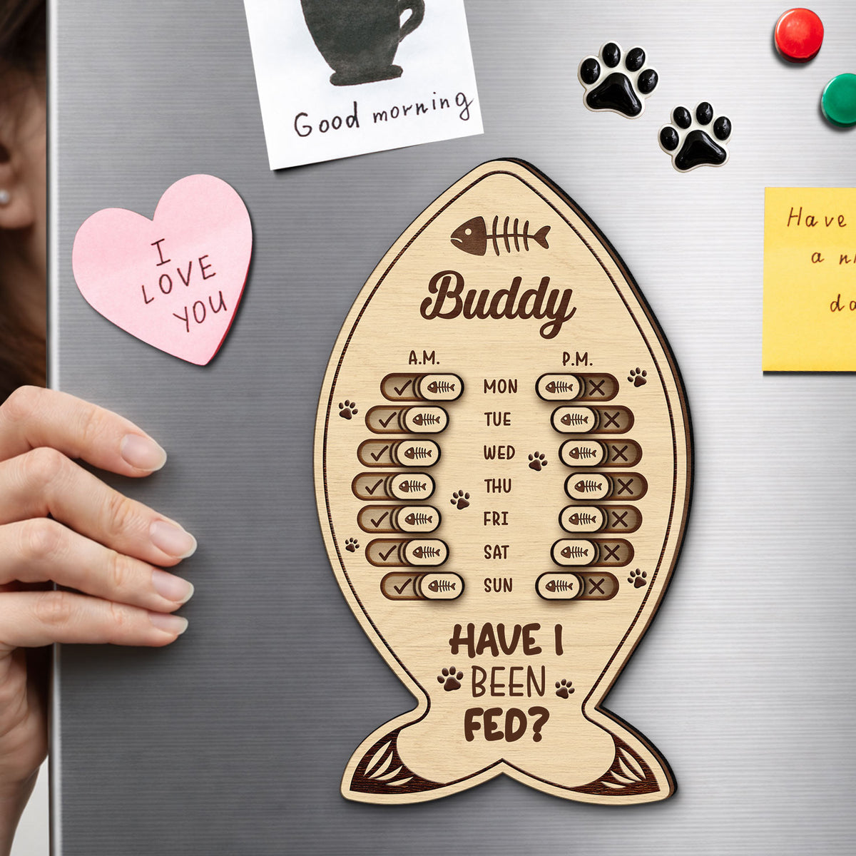 Cat Lovers,Cat Mom,Cat Couple,Cat Dad - Fish Bone Shaped Feeding And Medication Tracker - Personalized Wooden Pet Feeding Reminder