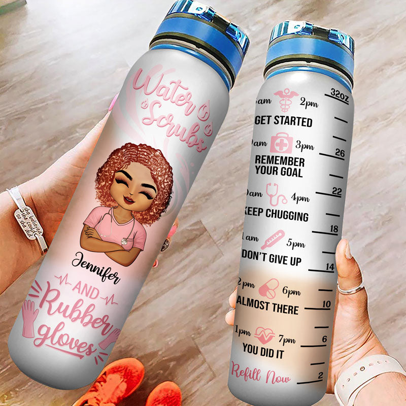 Water Scrubs And Rubber Gloves - Gift For Nurses - Personalized Custom Water Tracker Bottle