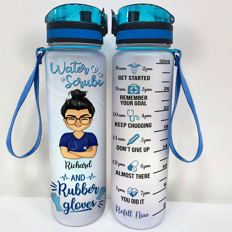 Water Scrubs And Rubber Gloves - Gift For Nurses - Personalized Custom Water Tracker Bottle
