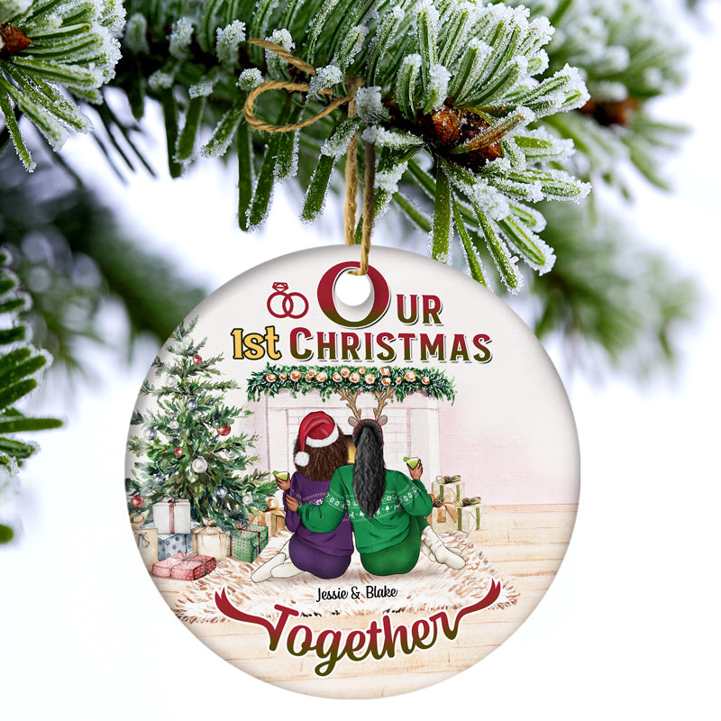 Christmas Family Couple First Christmas Together - Personalized Custom Circle Ceramic Ornament