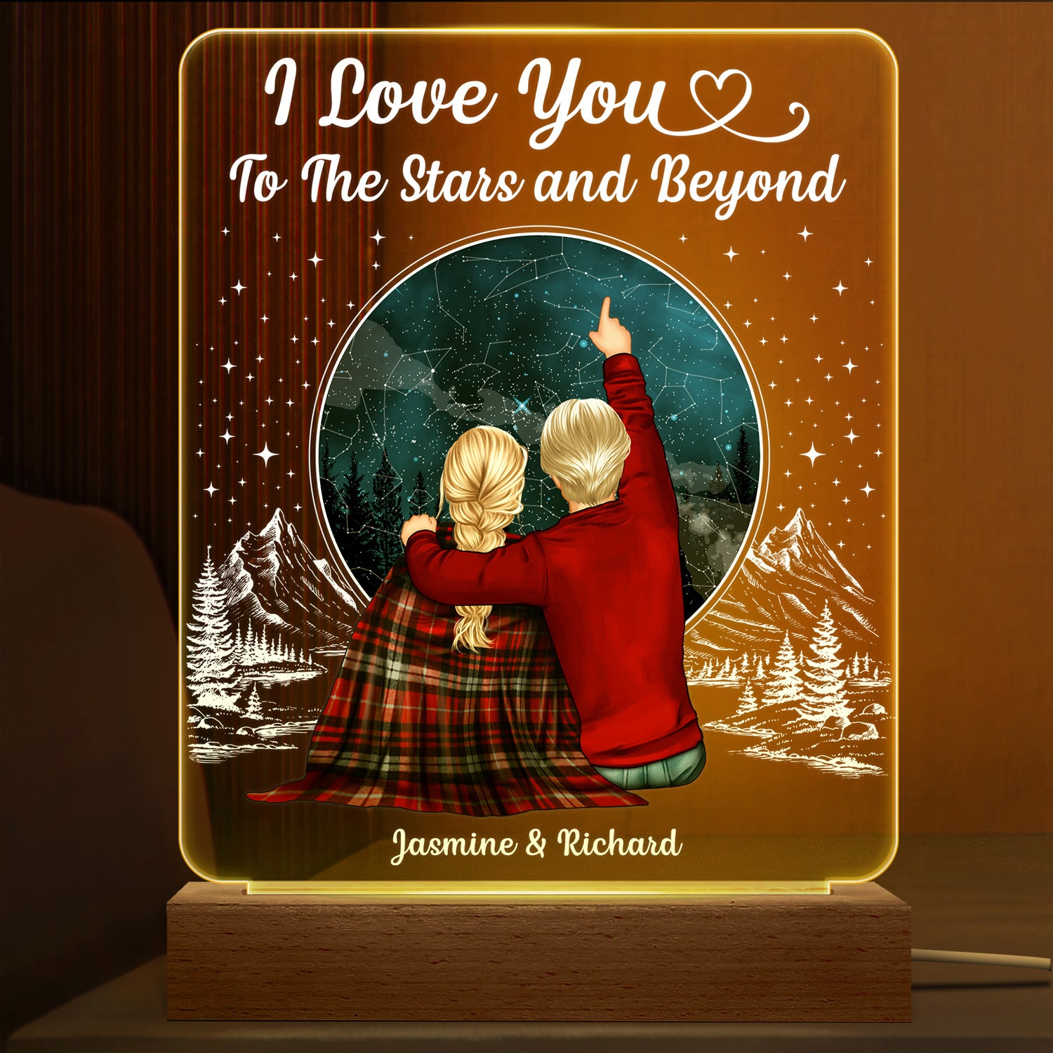 Couple Star Map I Love You To The Stars & Beyond - Gift For Couple - Personalized Custom 3D Led Light Wooden Base