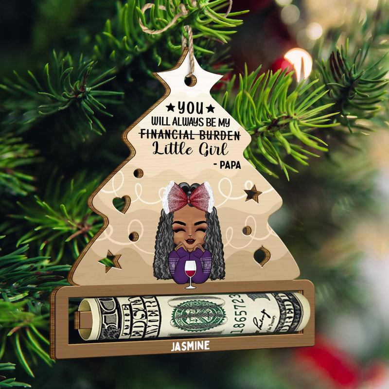 Fardeau financier - Cadeau de Noël pour fils et fille - Ornement en bois découpé personnalisé, ornement porte-monnaie