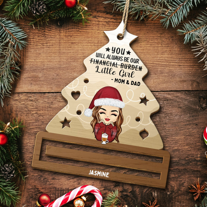 Fardeau financier - Cadeau de Noël pour fils et fille - Ornement en bois découpé personnalisé, ornement porte-monnaie