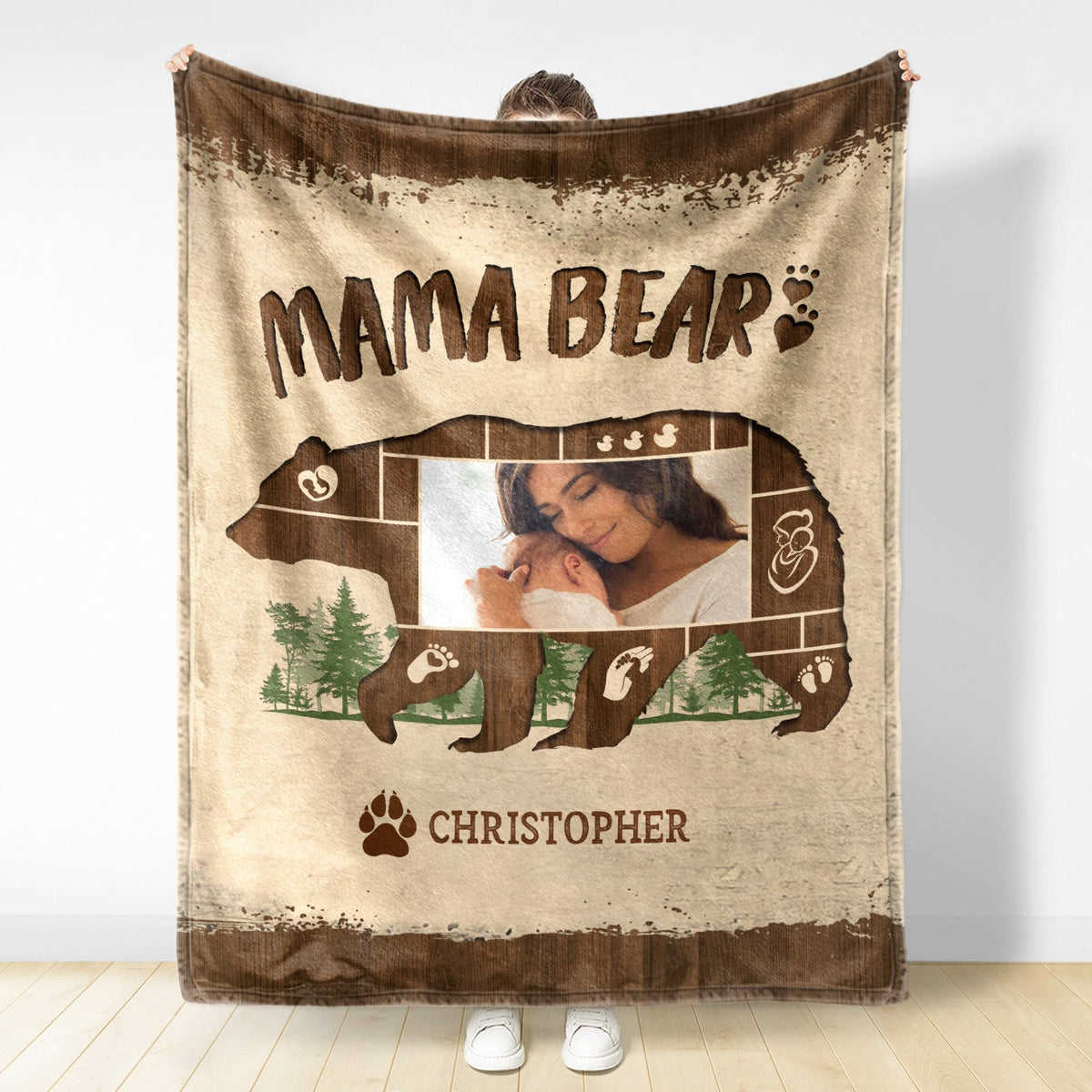 Custom Photo Mama Bear - Gift For Mother - Personalized Fleece Blanket