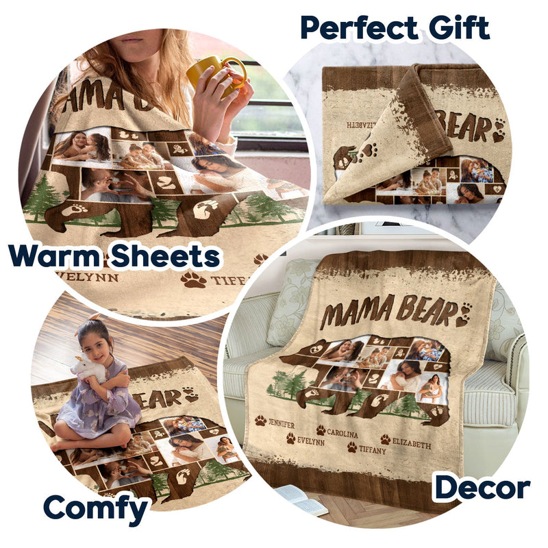 Custom Photo Mama Bear - Gift For Mother - Personalized Fleece Blanket