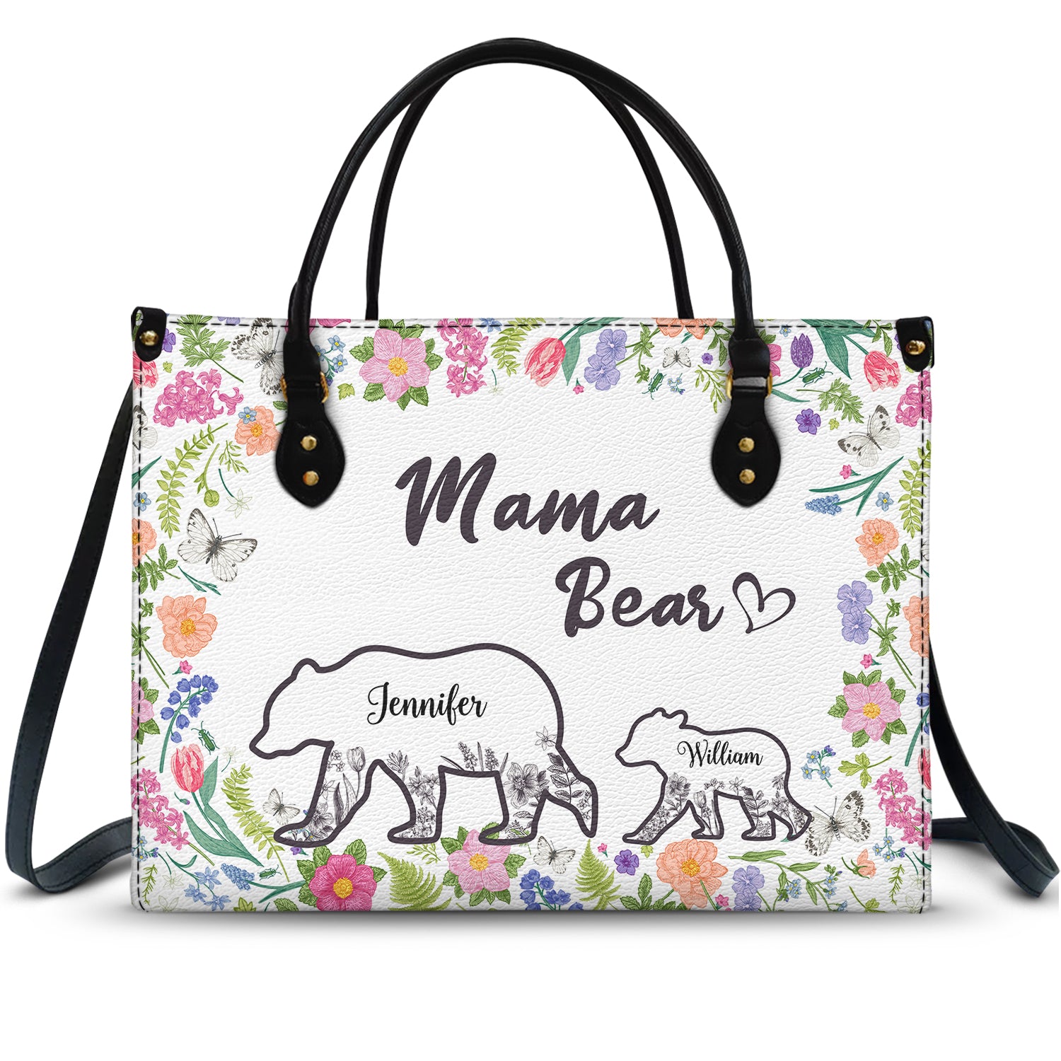 Floral Mama Bear - Gift For Mother - Personalized Leather Bag