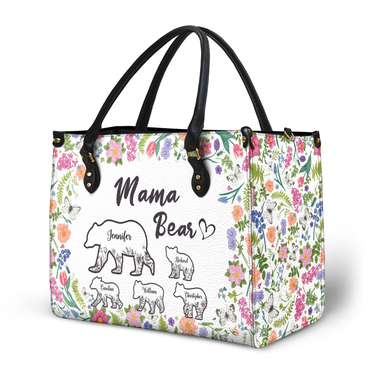 Floral Mama Bear - Gift For Mother - Personalized Leather Bag