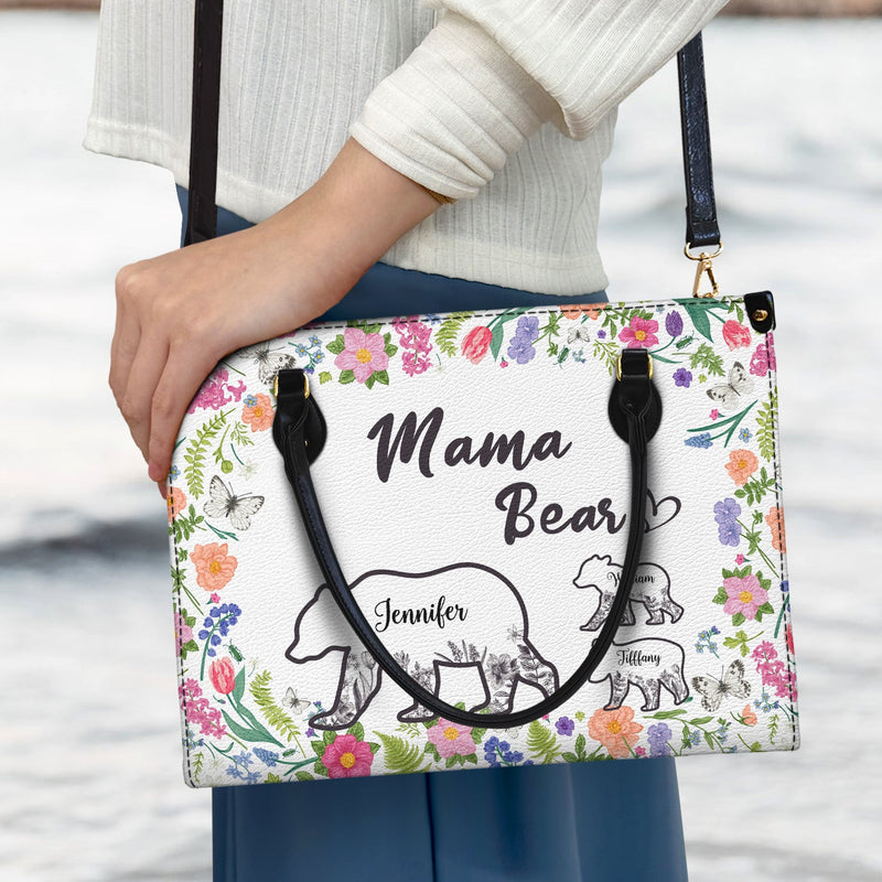 Floral Mama Bear - Gift For Mother - Personalized Leather Bag