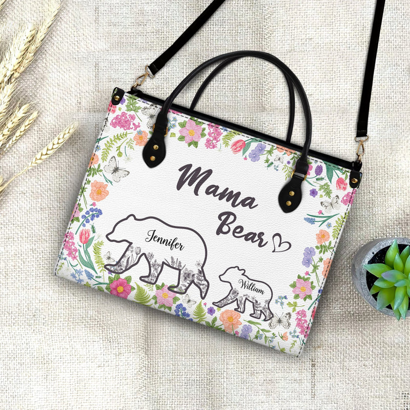 Floral Mama Bear - Gift For Mother - Personalized Leather Bag