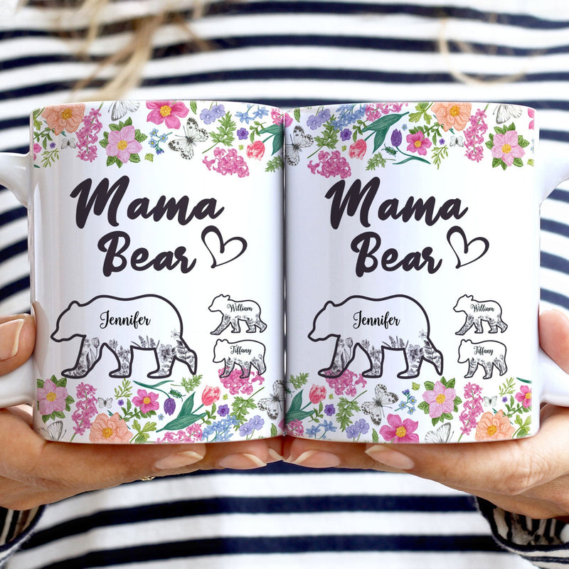 Floral Mama Bear - Gift For Mother - Personalized White Edge-to-Edge Mug