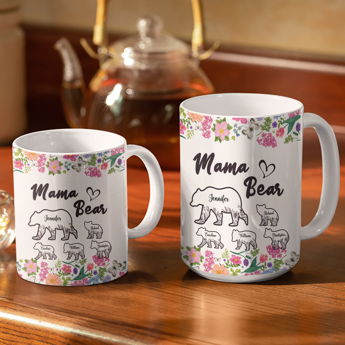 Floral Mama Bear - Gift For Mother - Personalized White Edge-to-Edge Mug