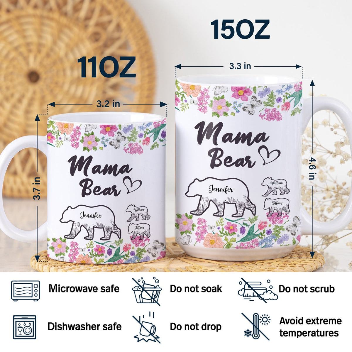 Floral Mama Bear - Gift For Mother - Personalized White Edge-to-Edge Mug