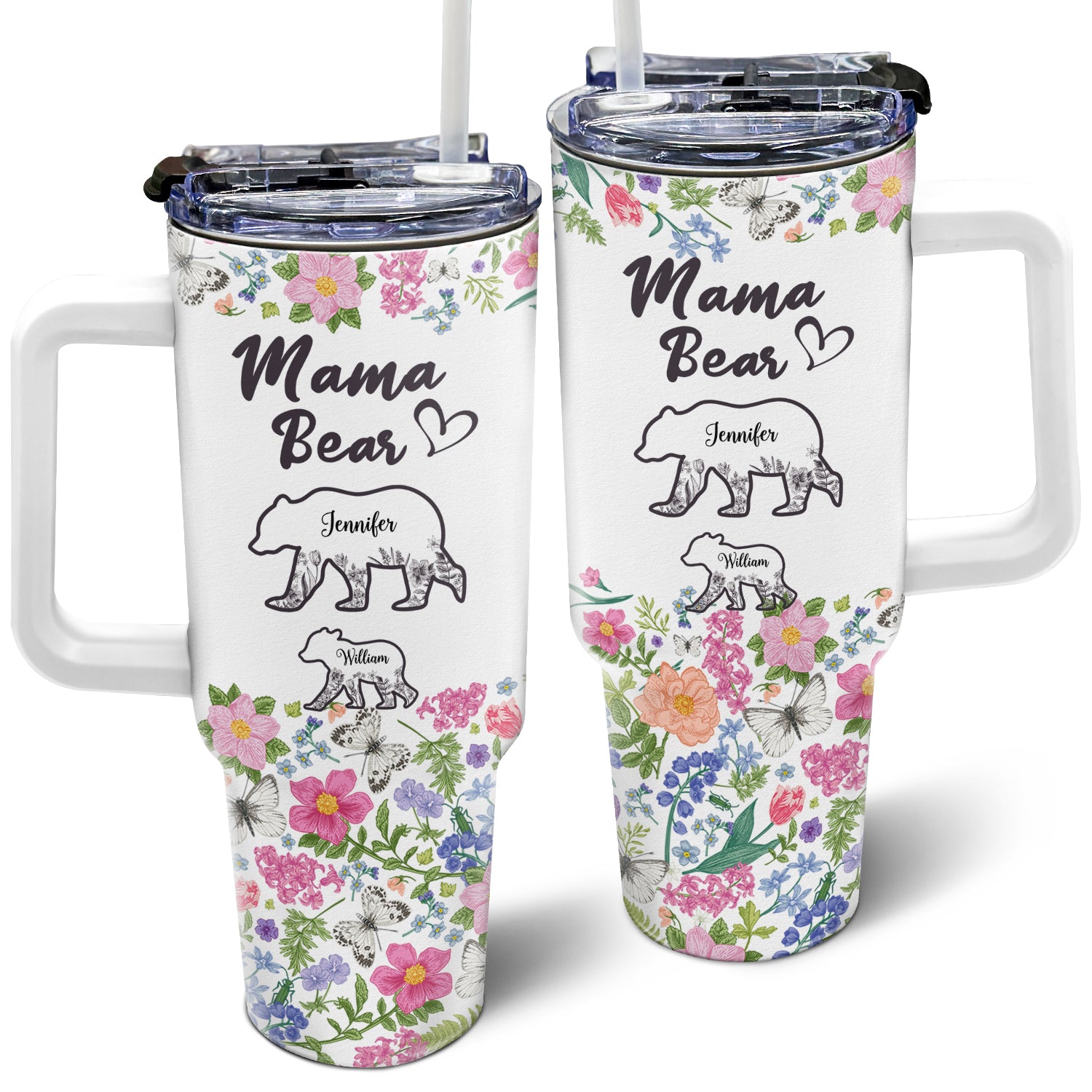 Floral Mama Bear - Gift For Mother - Personalized 40oz Tumbler With Straw