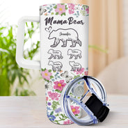 Floral Mama Bear - Gift For Mother - Personalized 40oz Tumbler With Straw