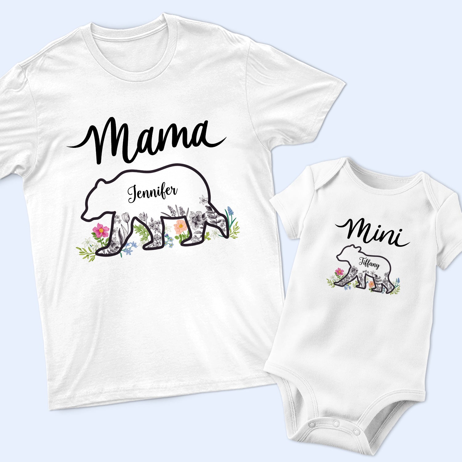 Mama Mini - Gift For Mom And Her Baby - Personalized Combo T Shirt And Baby Onesie