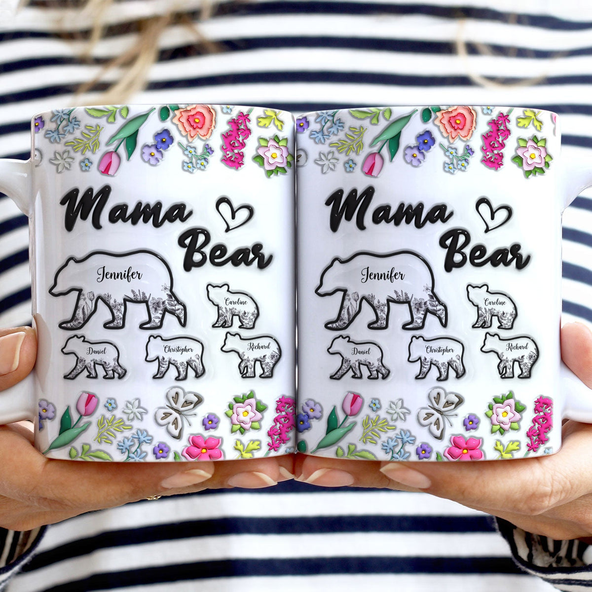 Floral Mama Bear - Gift For Mother - 3D Inflated Effect Printed Mug, Personalized White Edge-to-Edge Mug