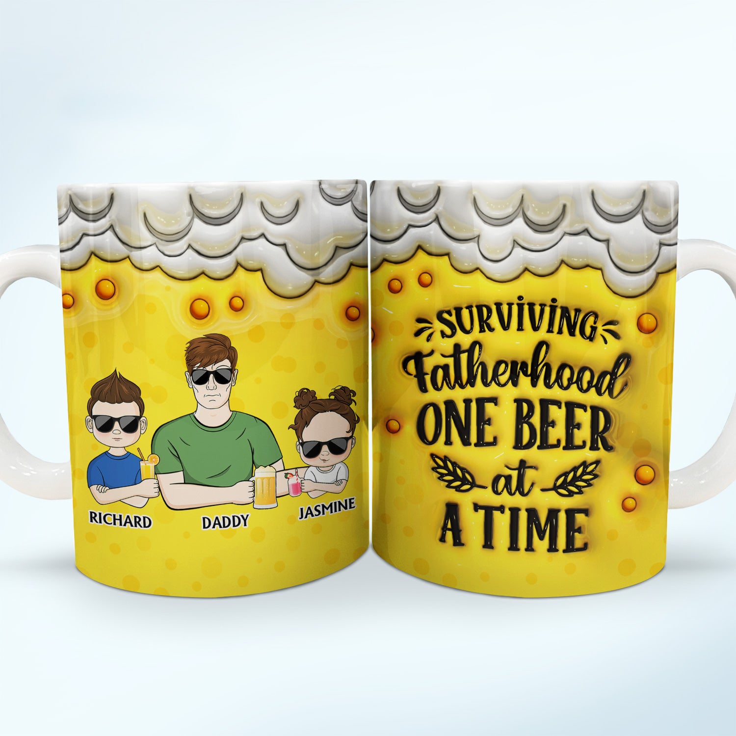 Surviving Fatherhood One Beer At A Time - Gift For Father - 3D Inflated Effect Printed Mug, Personalized White Edge-to-Edge Mug