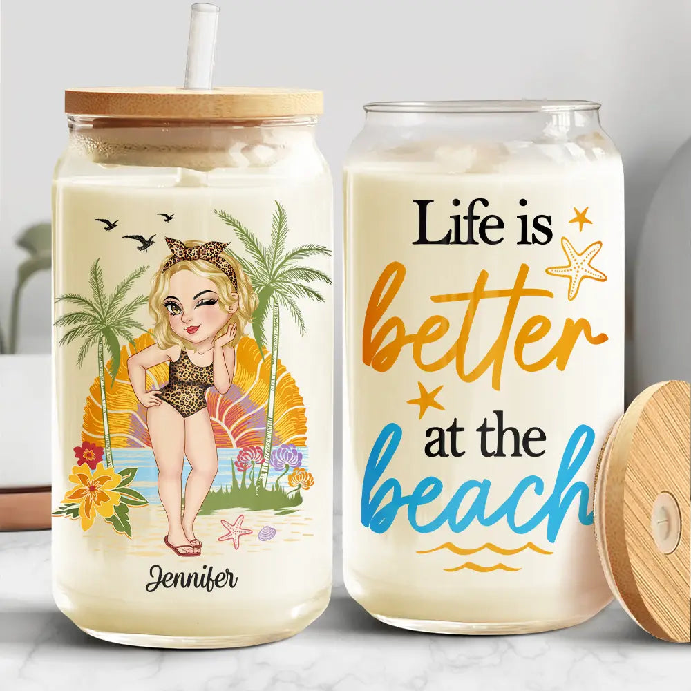 Life Is Better At The Beach - Personalized Clear Glass Can