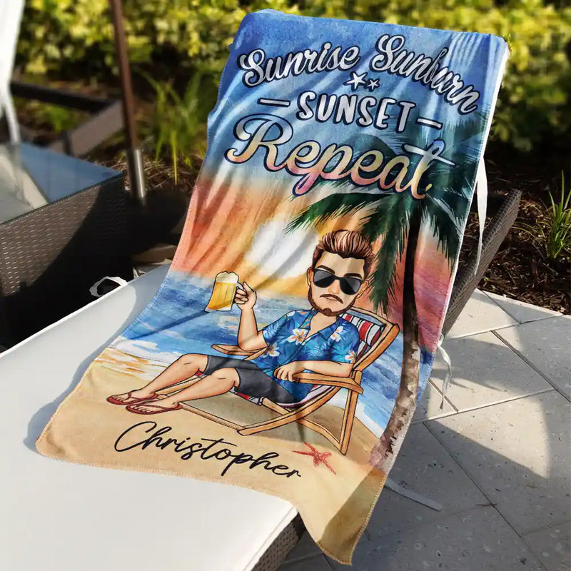 Sunrise Sunburn Sunset Repeat - Personalized Beach Towel