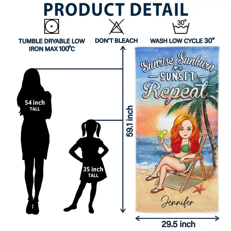 Sunrise Sunburn Sunset Repeat - Personalized Beach Towel
