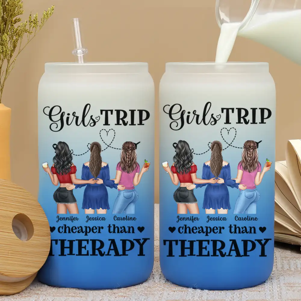 Un voyage entre filles moins cher qu'une thérapie - Canette en verre dépoli ombré personnalisée