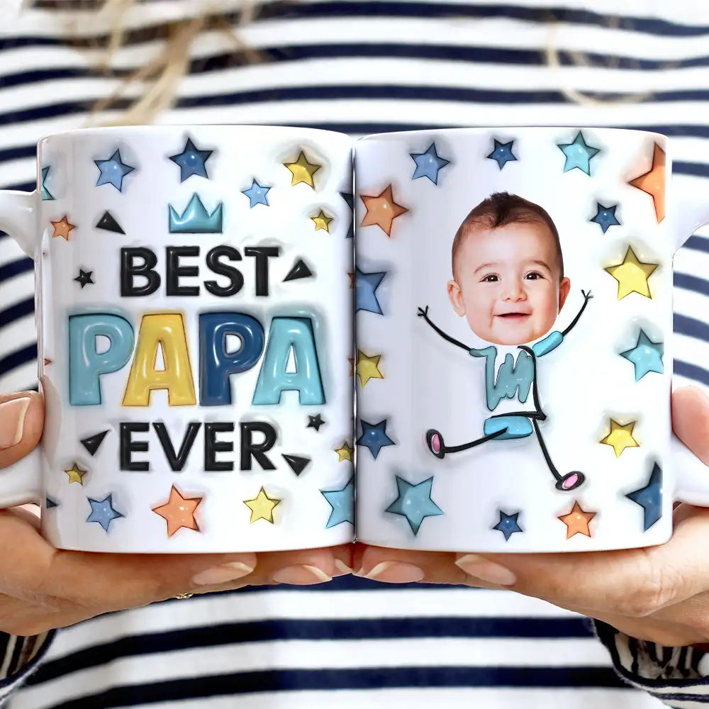 Custom Photo Best Dad Grandpa Ever - 3D Inflated Effect Printed Mug, Personalized White Edge-to-Edge Mug