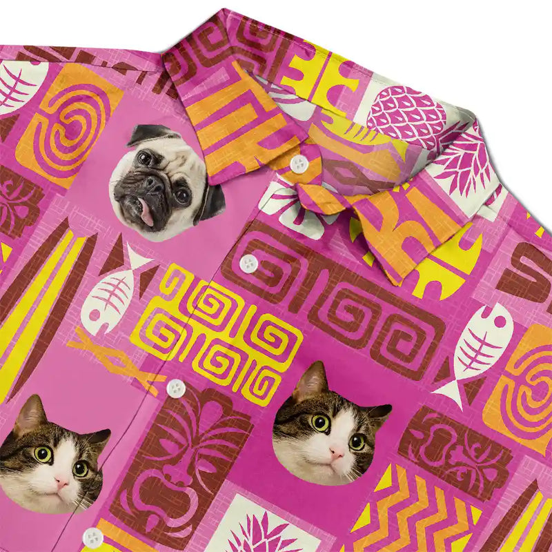Custom Photo Funny Family Pet Face Tiki Pattern - Personalized Hawaiian Shirt