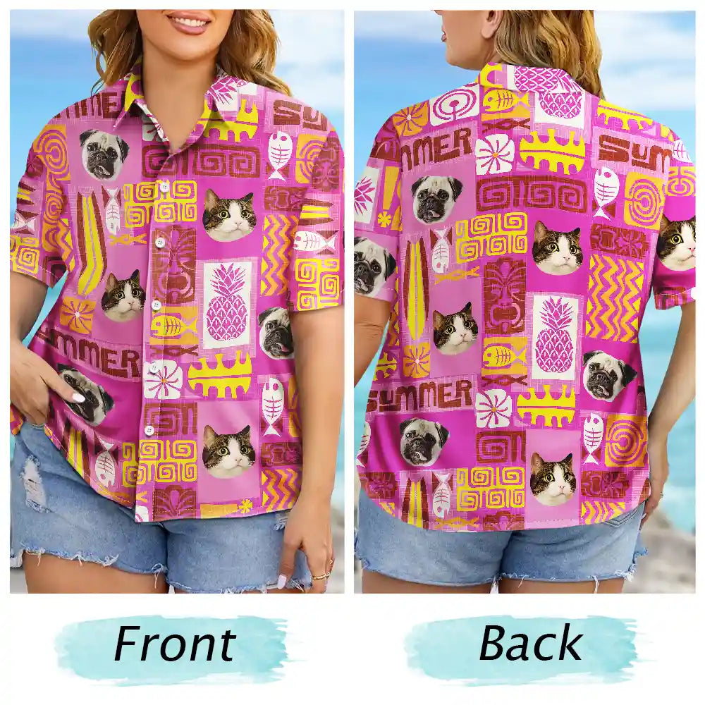 Custom Photo Funny Family Pet Face Tiki Pattern - Personalized Hawaiian Shirt