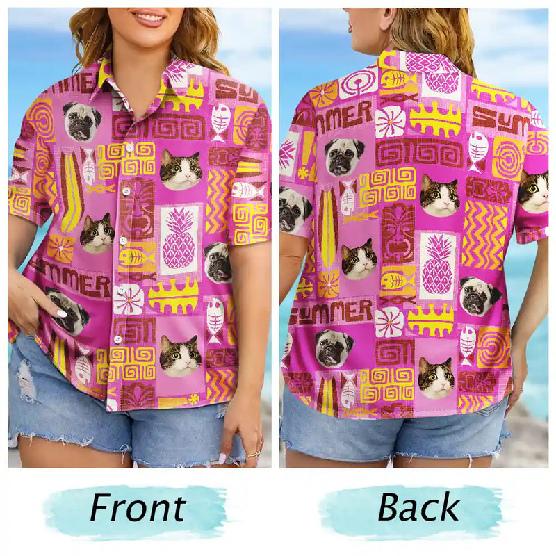 Custom Photo Funny Family Pet Face Tiki Pattern - Personalized Hawaiian Shirt