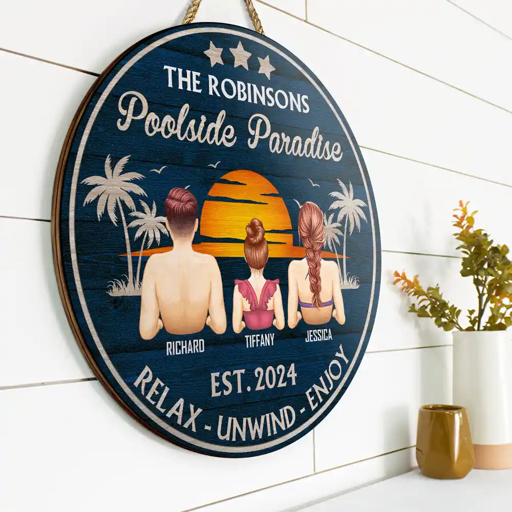 Panneau rond en bois personnalisé « Piscine paradisiaque »