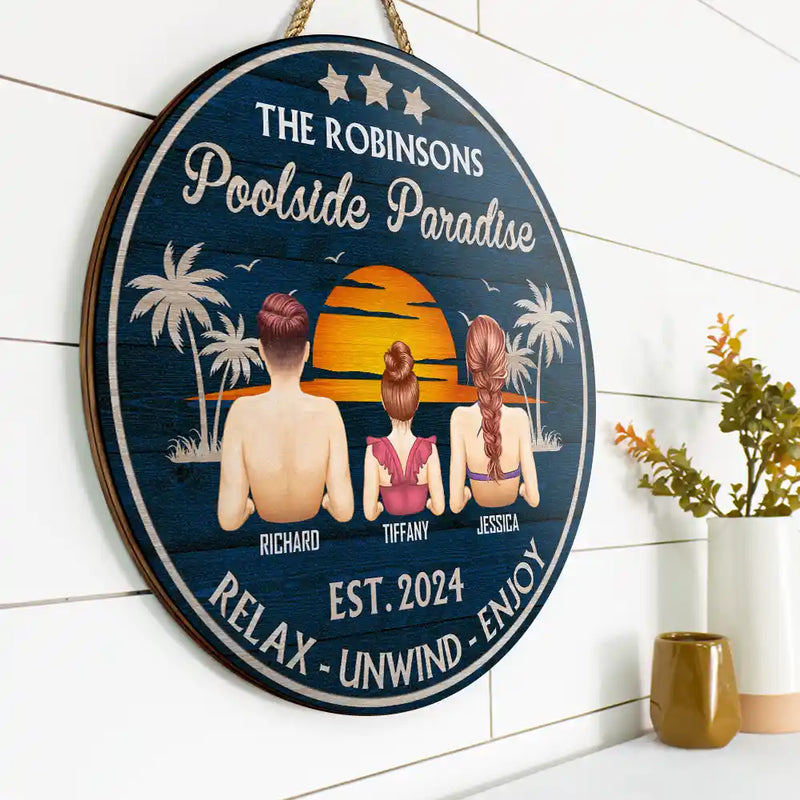 Panneau rond en bois personnalisé « Piscine paradisiaque »