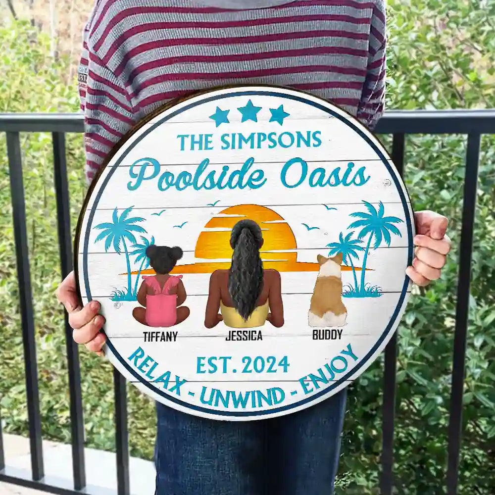 Panneau rond en bois personnalisé « Piscine paradisiaque »