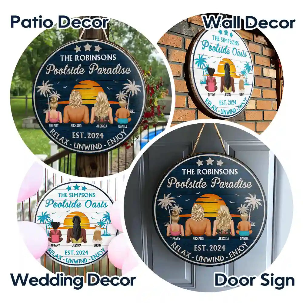 Panneau rond en bois personnalisé « Piscine paradisiaque »