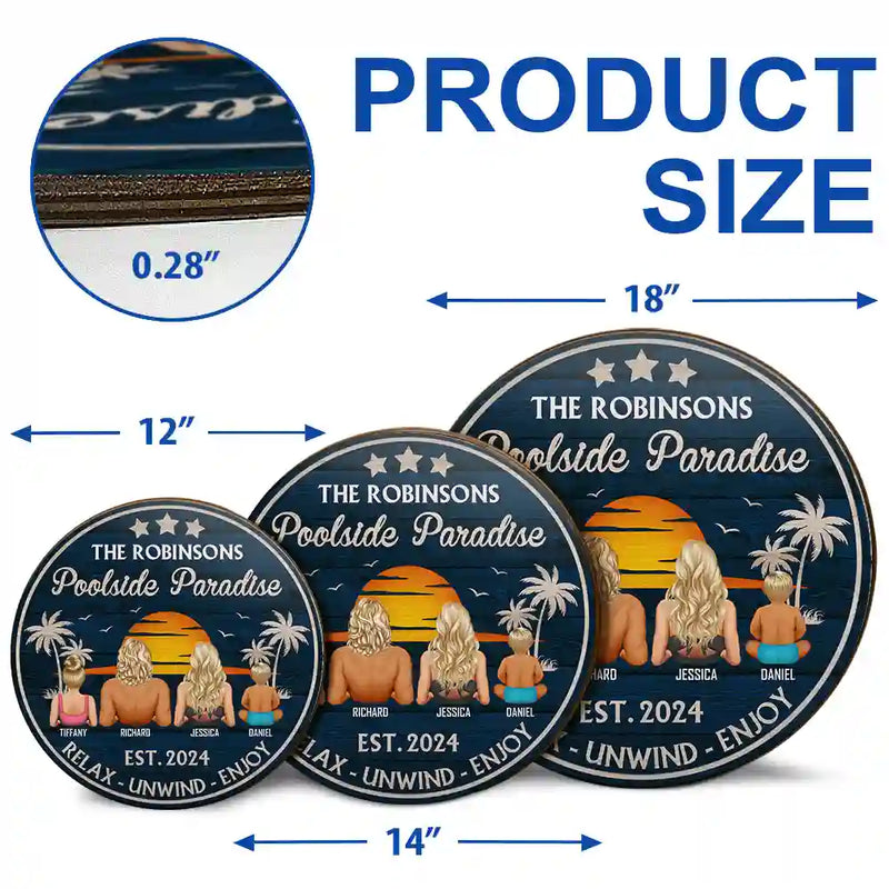 Panneau rond en bois personnalisé « Piscine paradisiaque »