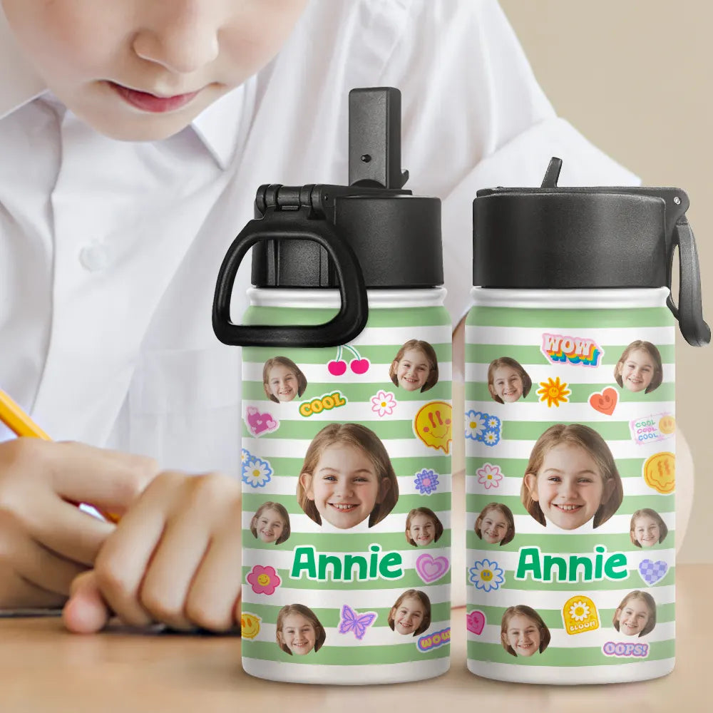 Custom Photo Stripes And Adorable Pattern - Personalized Kids Water Bottle