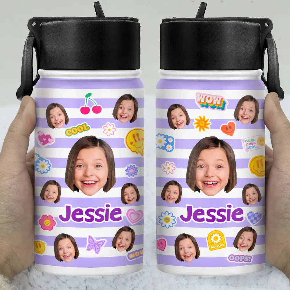 Custom Photo Stripes And Adorable Pattern - Personalized Kids Water Bottle