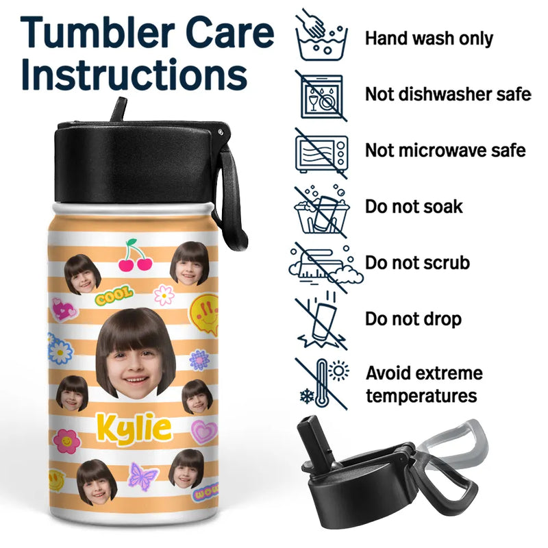 Custom Photo Stripes And Adorable Pattern - Personalized Kids Water Bottle