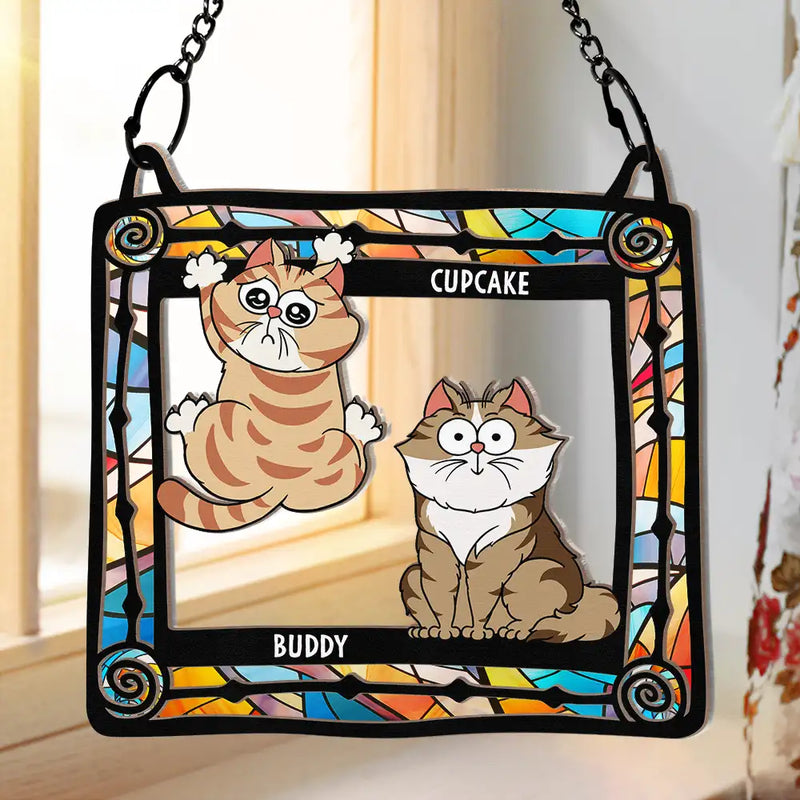 Funny Cats Scratching Window - Personalized Window Hanging Suncatcher Ornament