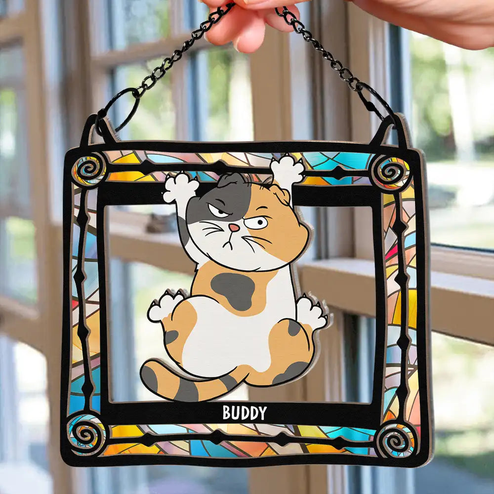 Funny Cats Scratching Window - Personalized Window Hanging Suncatcher Ornament