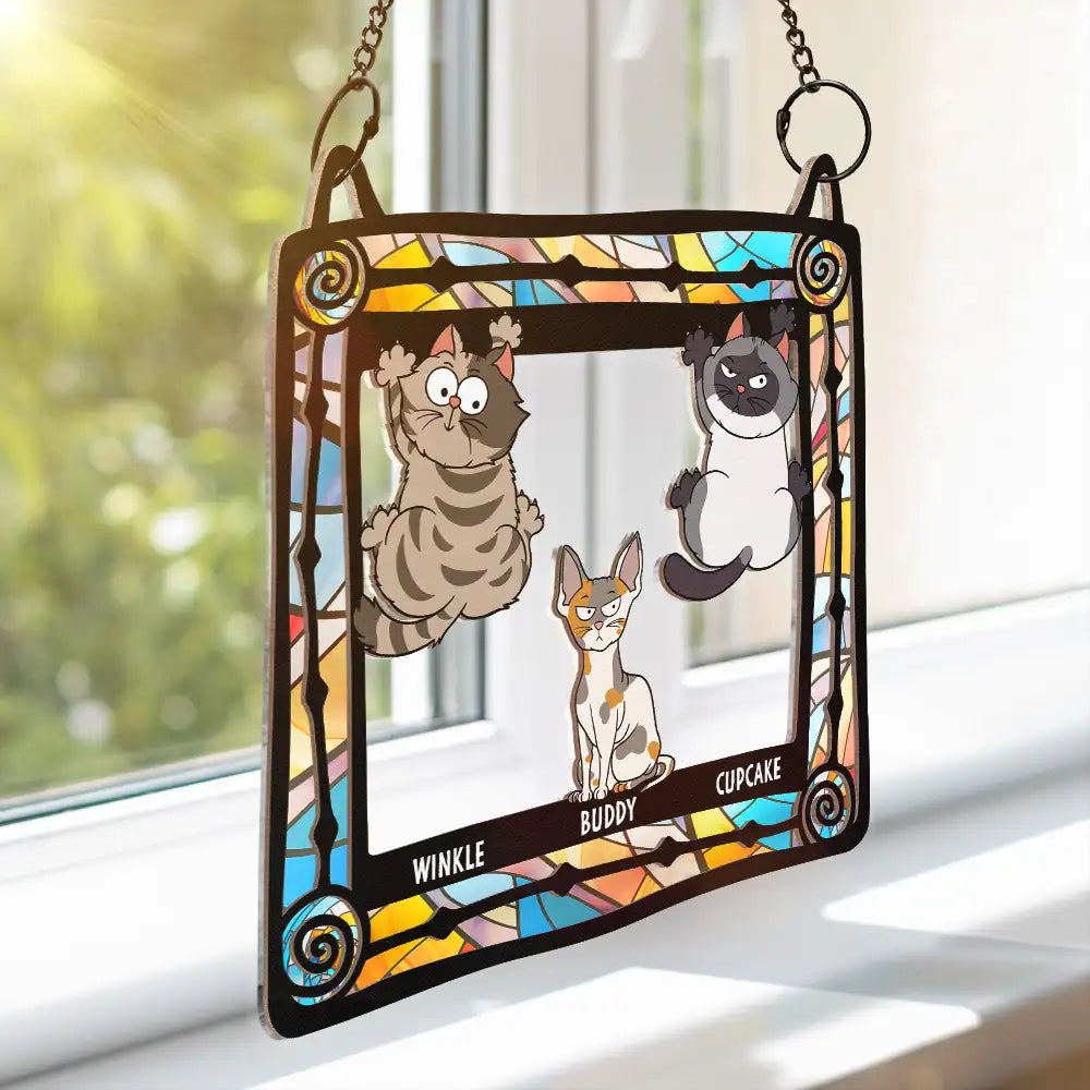 Funny Cats Scratching Window - Personalized Window Hanging Suncatcher Ornament